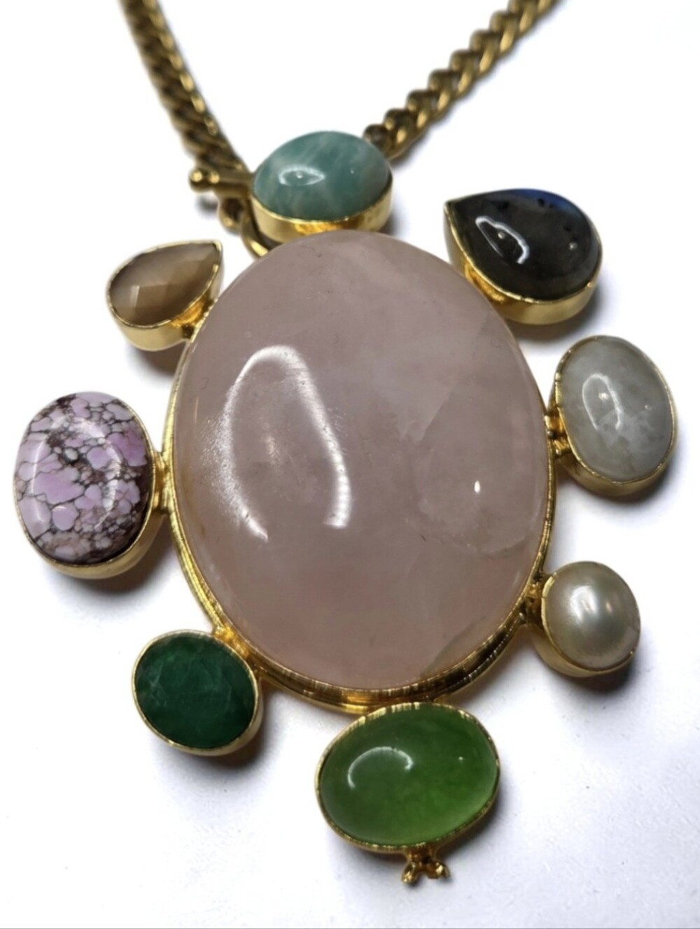 18k Gold Plated Artisan Rose Quartz Emerald Amethyst Pearl Amazonite Necklace - Picture 4 of 6